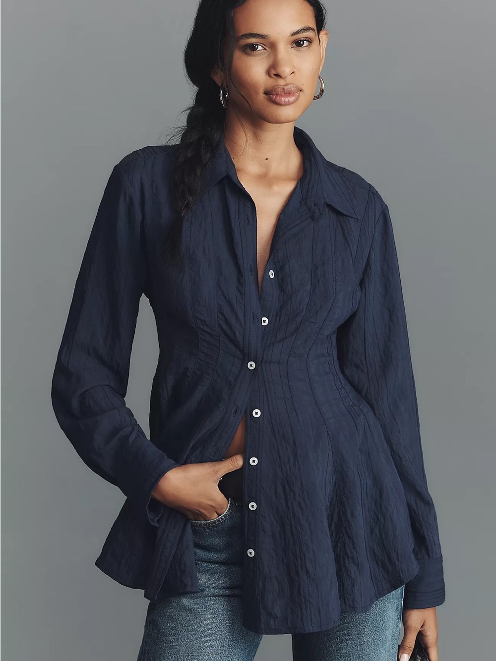 Anthropologie Waisted Buttondown Tunic Navy Collared Shirt Cinched Waist S XS